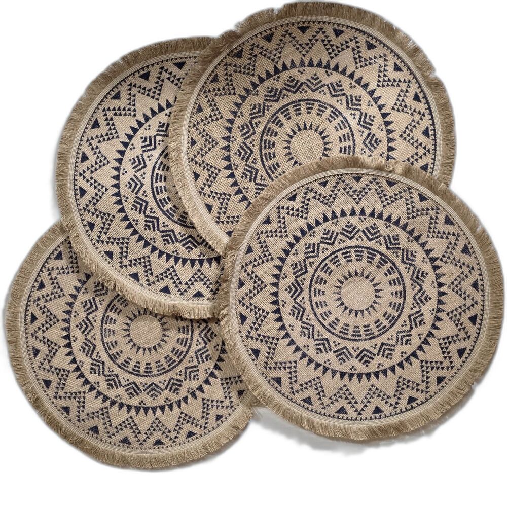NWOT Boho Round Jute Placemats Navy Blue Mandala Fringed Set of 4 Thanksgiving